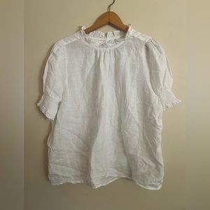 J CREW White linen cuff sleeve Ruffle neck Blouse top Size Xl